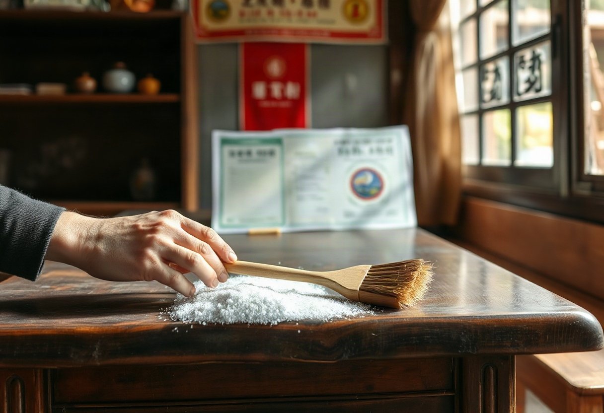 Quá trình lau bụi trên bàn gỗ bằng chổi quét bụi