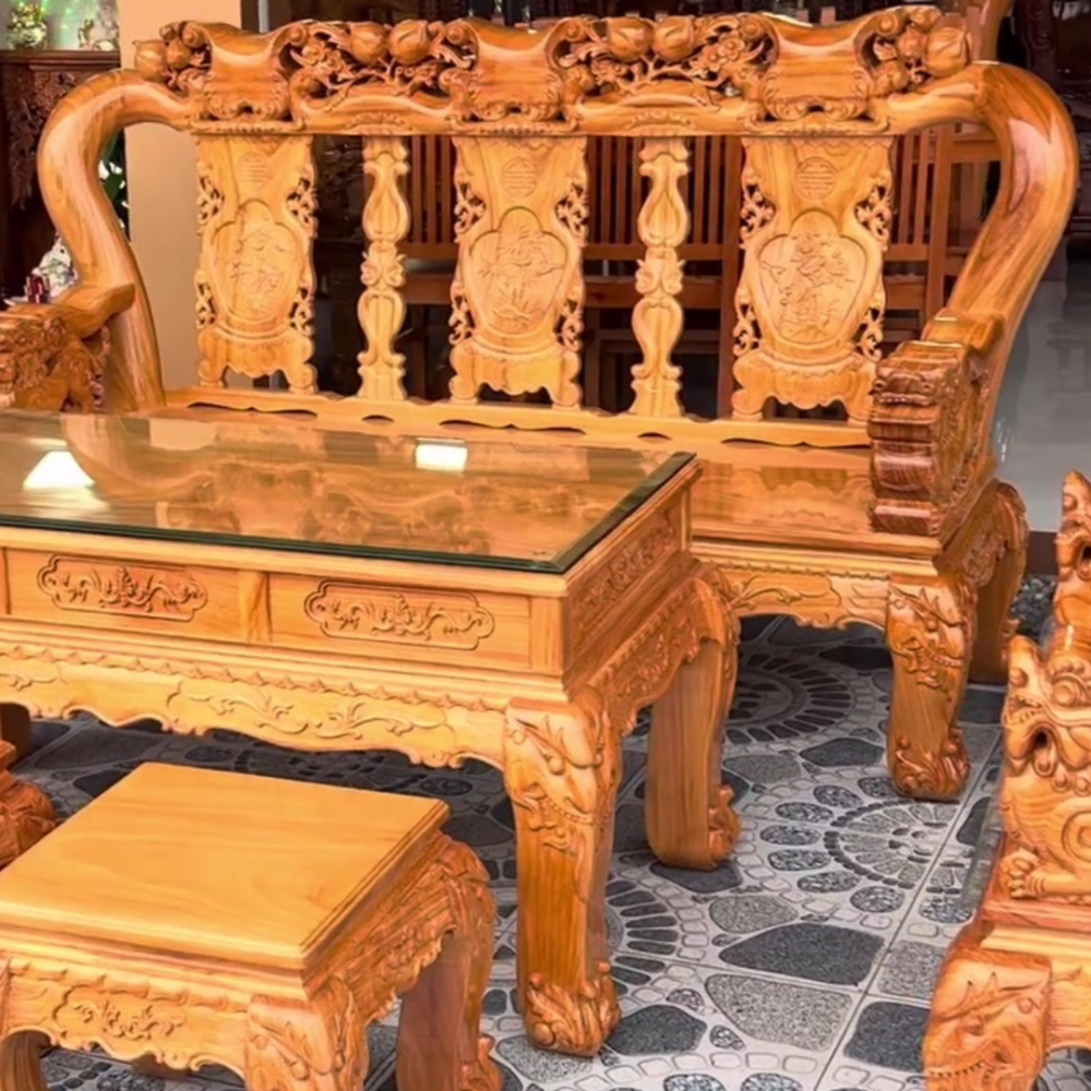 Bộ salon gỗ phòng khách gõ đỏ tự nhiên 6 món cao cấp