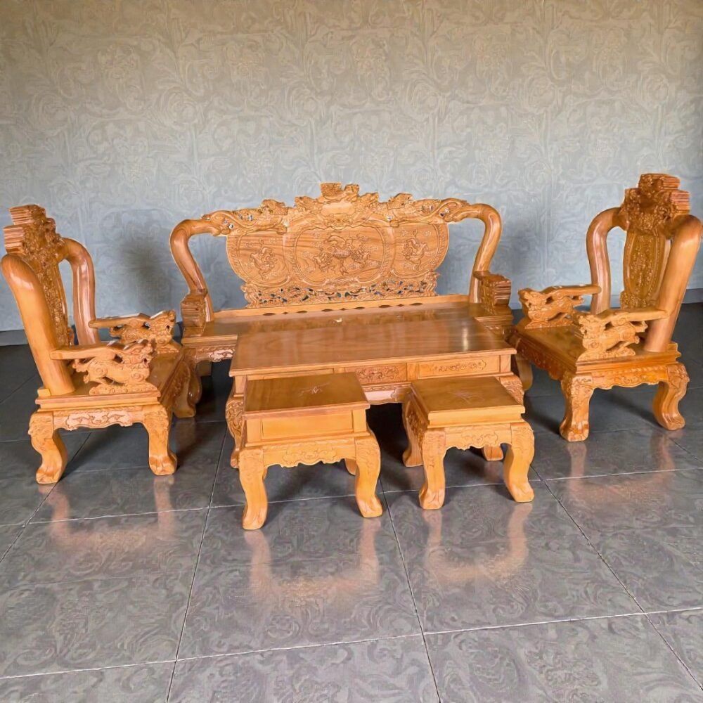 Bàn ghế salon gỗ chạm Nghê Phượng tay 12 MS 3377 - kỹ thuật đóng mộng chắc chắn