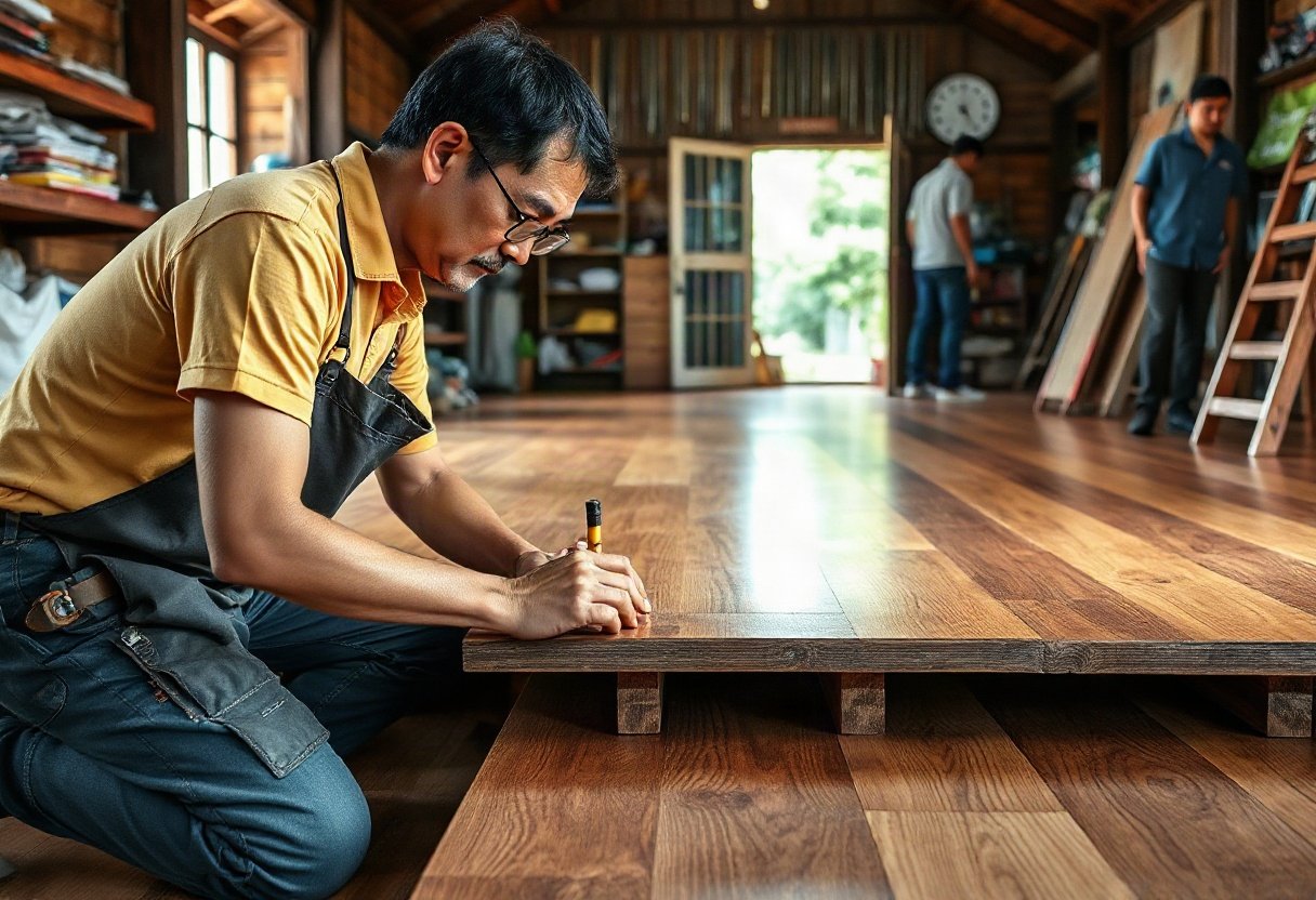 Thợ gỗ kiểm tra chất lượng sàn