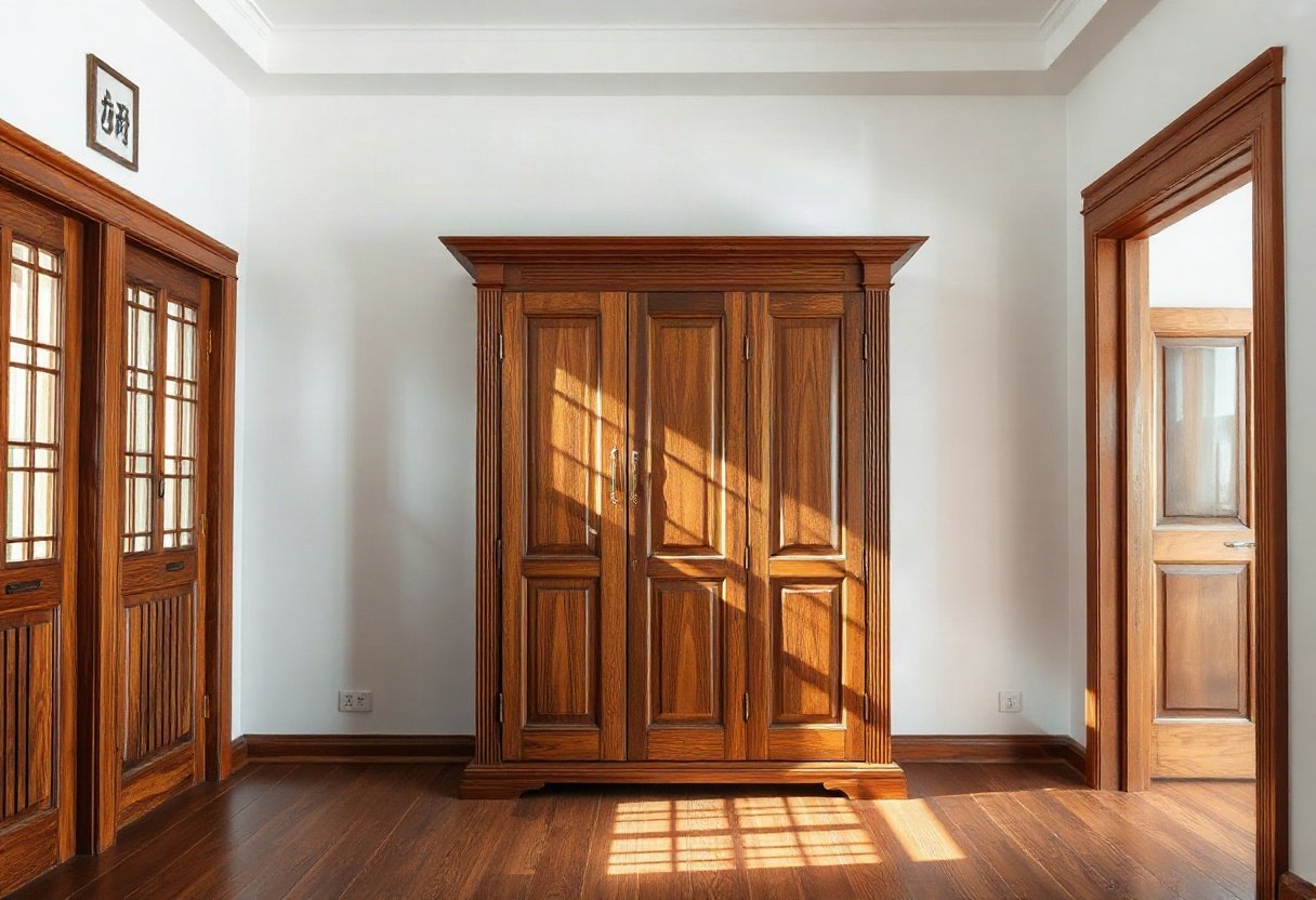 Tủ quần áo gỗ sồi trong phòng rộng rãi
