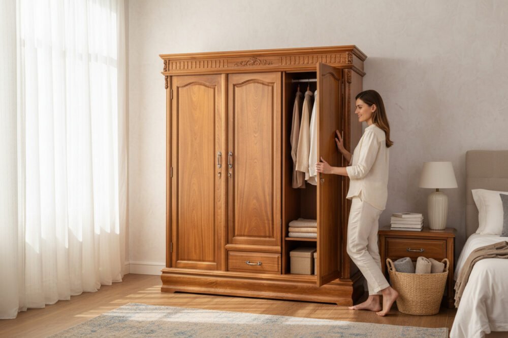 Tủ quần áo 3 cánh gỗ tự nhiên MS 3001 - kỹ thuật đóng mộng chắc chắn