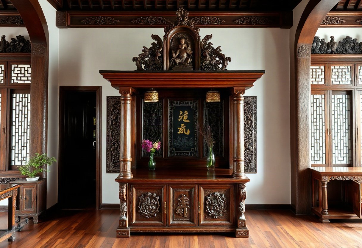 Tủ thờ gỗ hương với họa tiết chạm khắc tinh xảo