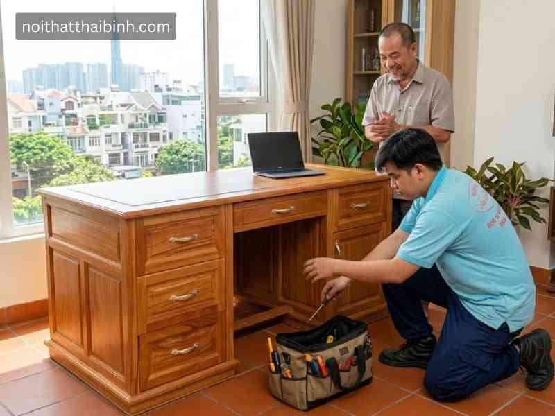 Bàn giám đốc gỗ gõ đỏ tại nhà Anh Khoa, Quận 7, TP.HCM