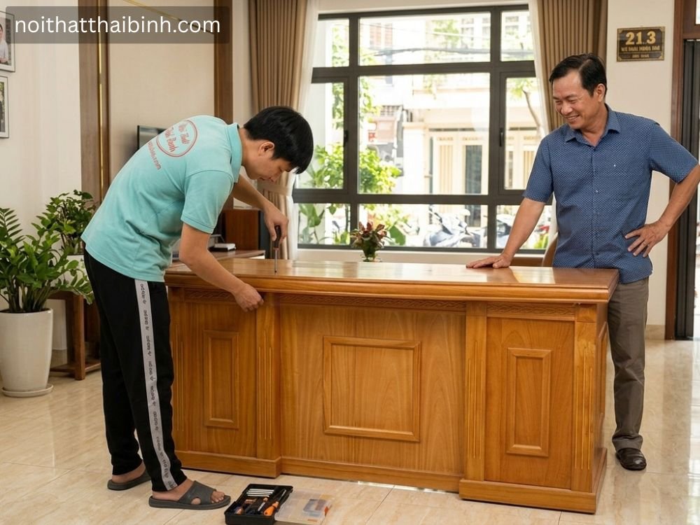 Bàn làm việc gỗ tự nhiên tại nhà Anh Hoàng, Quận 7, TP.HCM