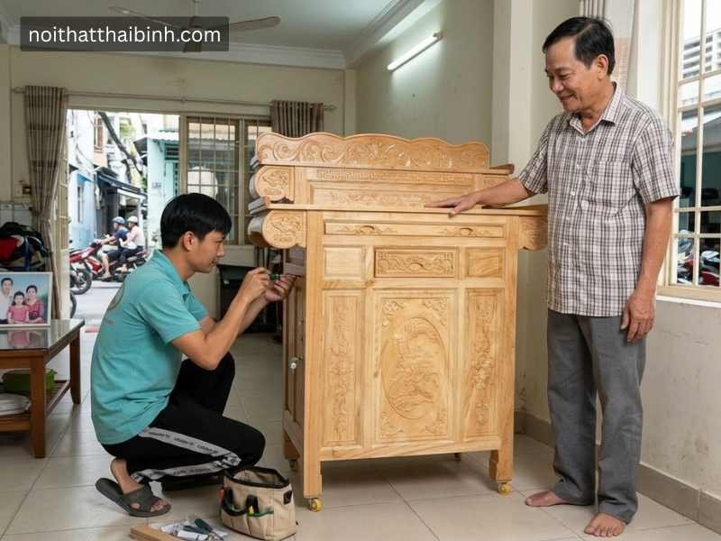 Bàn thờ hai tầng gỗ tự nhiên tại nhà Anh Quốc Việt (Quận 7, TP.HCM)