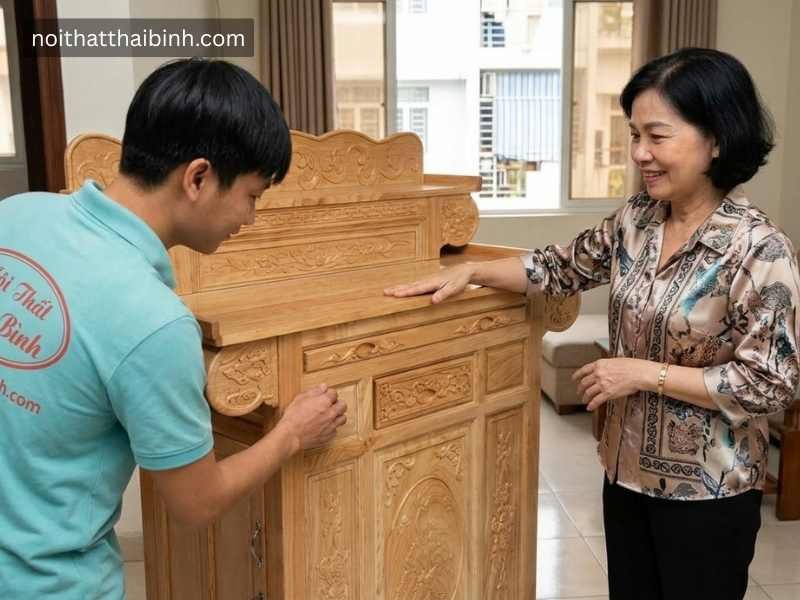 Bàn thờ hai tầng gỗ tự nhiên tại nhà Chị Thanh Hương (Bình Thạnh, TP.HCM)
