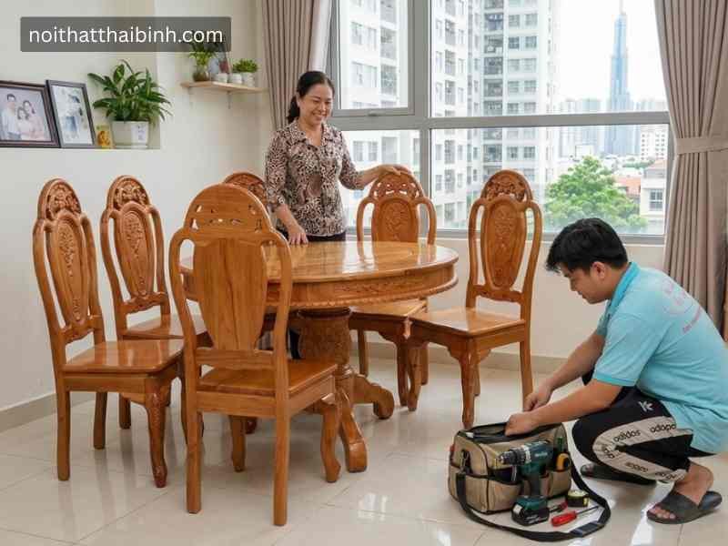 Bàn tròn gỗ gõ đỏ tại nhà Chị Hương, Quận 7, TPHCM