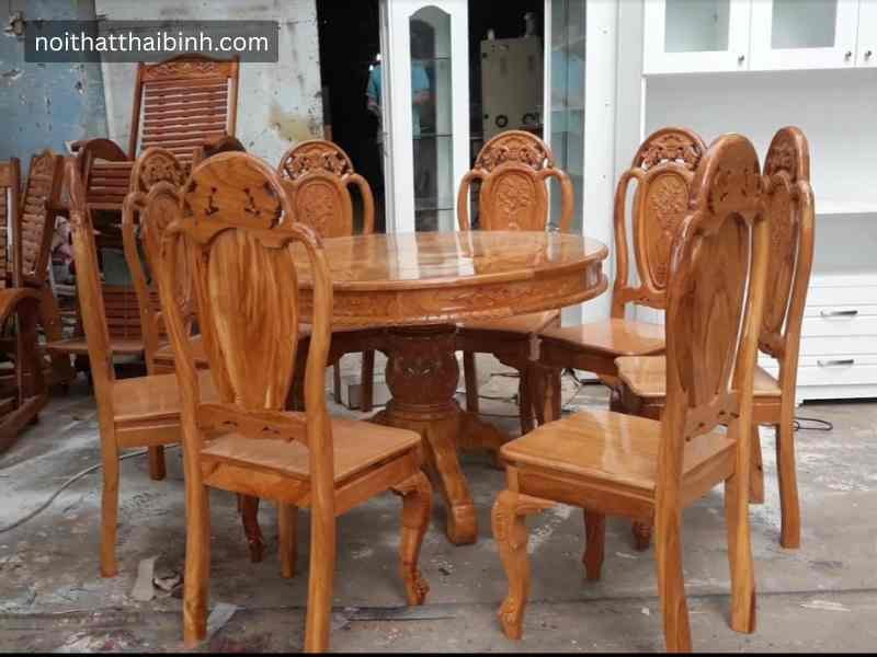 Bộ bàn tròn gỗ gõ đỏ 1m2 8 ghế mã 9685 Đồ Gỗ Thái Bình