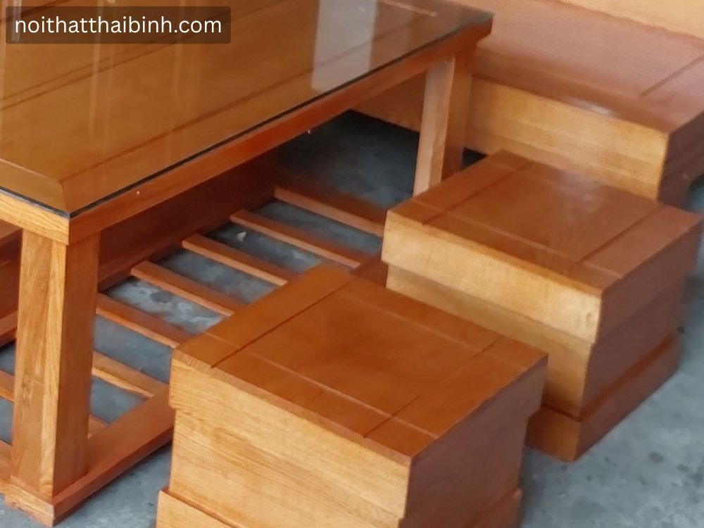 Bộ salon gỗ sồi 5 món tặng kèm mặt bàn kính 8 ly