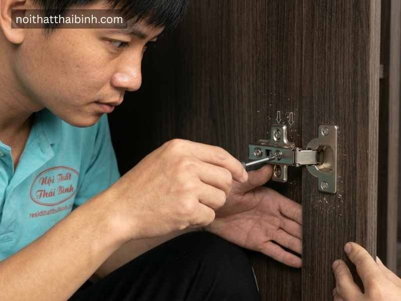 Cách chỉnh vít 3 chiều trên bản lề bật tủ quần áo gỗ
