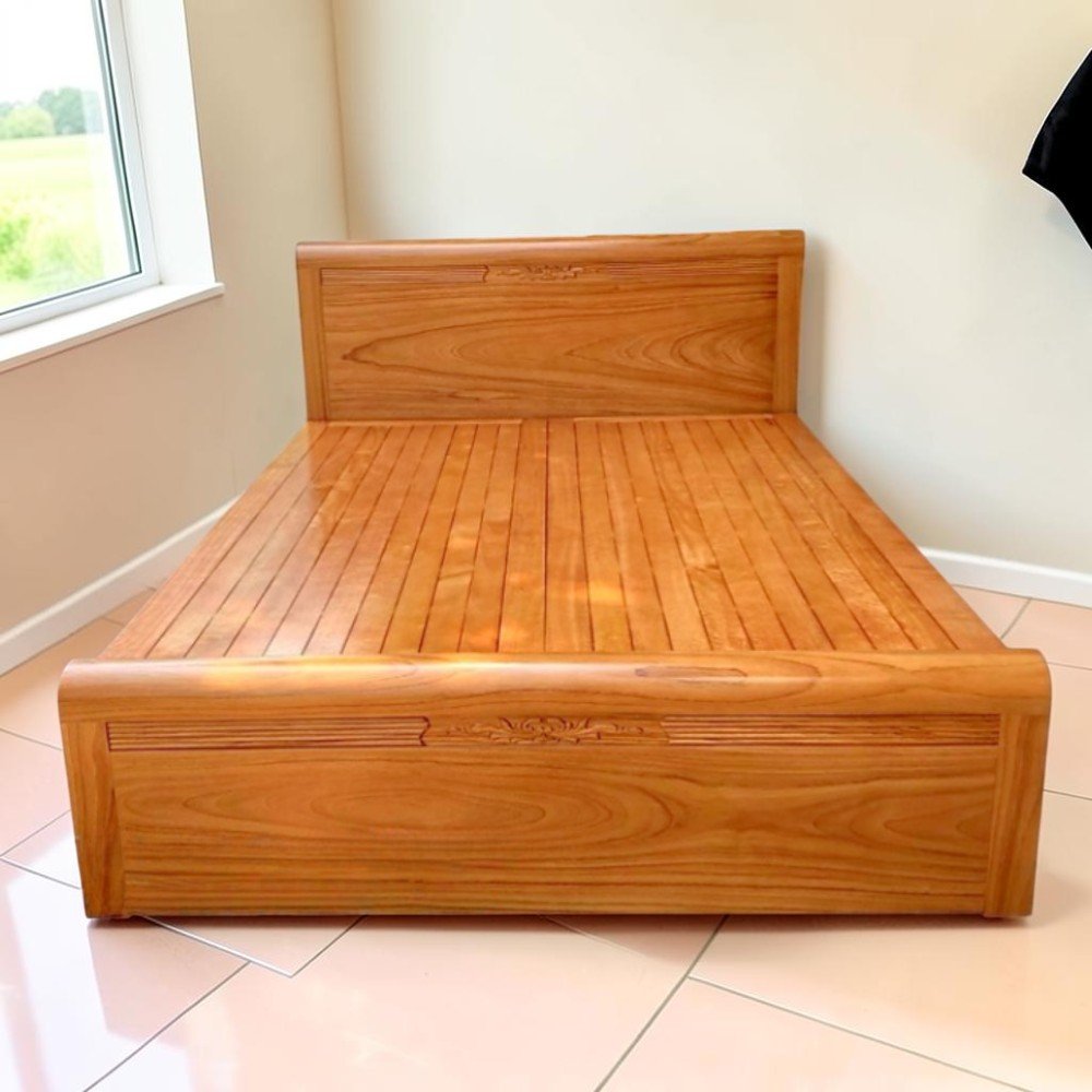 Giường gỗ sồi tự nhiên màu trắng tối giản