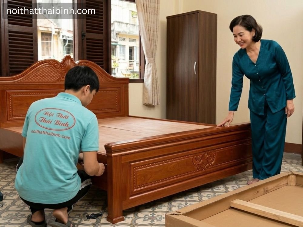 Giường ngủ gỗ xoan đào tại nhà Chị Mai (Quận 2, TPHCM)