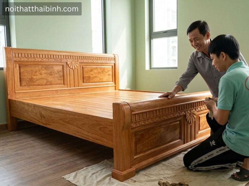 Giường ngủ gỗ xoan đào tự nhiên tại nhả Chú Tâm TPHCM