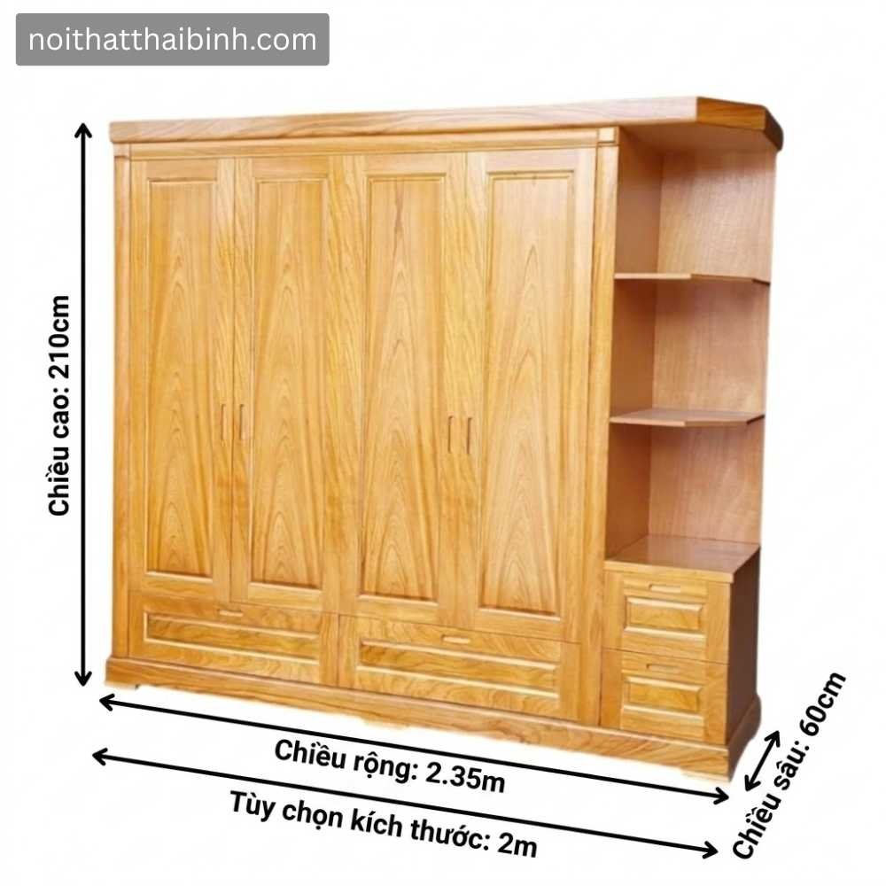 Kích thước tủ Quần Áo Gỗ Tự Nhiên Có Kệ Trang Trí