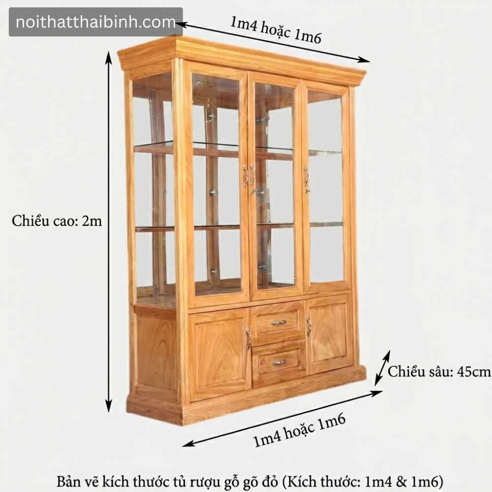 Kích thước tủ rượu gỗ gõ đỏ 1m4 cao 2m sâu 45cm
