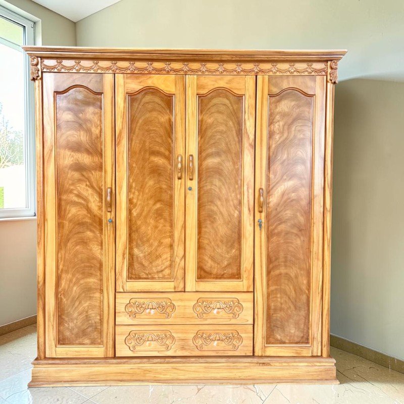 Tủ quần áo gỗ gõ đỏ 4 cánh trơn hiện đại 2m