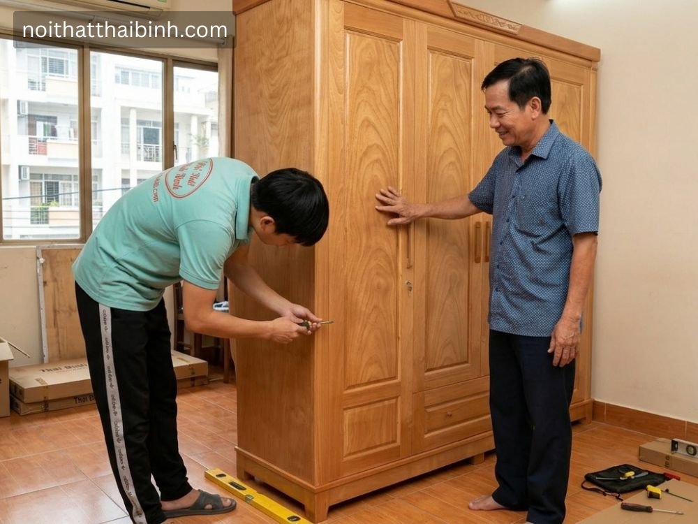 Tủ quần áo gỗ tự nhiên 4 cánh tại nhà Anh Tuấn (TP. Thủ Đức, TP.HCM)