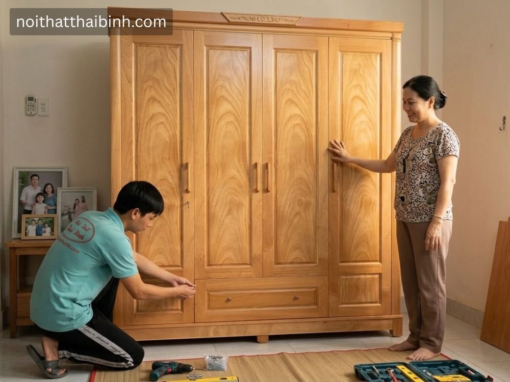 Tủ quần áo gỗ tự nhiên 4 cánh tại nhà Chị Hằng (Quận 7, TP.HCM)
