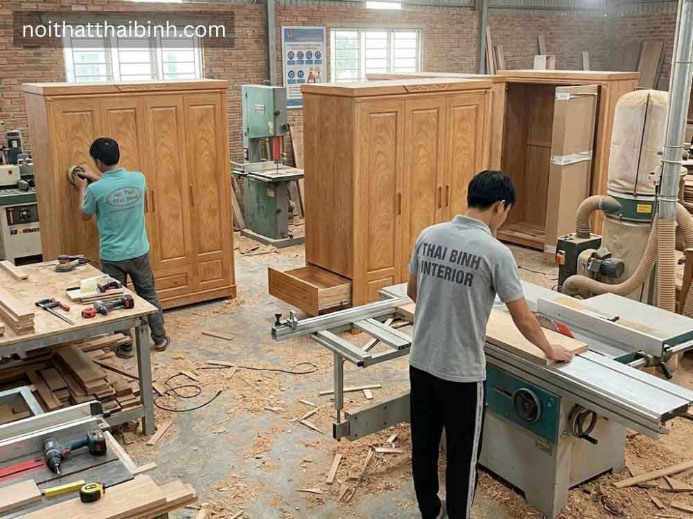 Tủ quần áo gỗ tự nhiên 4 cánh tại xưởng mộc đồ gỗ Thái Bình