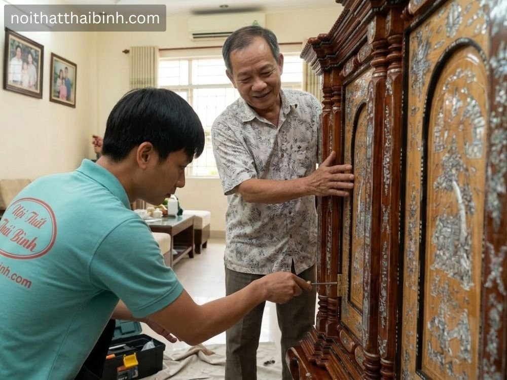 Tủ thờ gỗ căm xe gõ đỏ 9 trụ tại nhà Anh Tuấn (Quận 7, TPHCM)