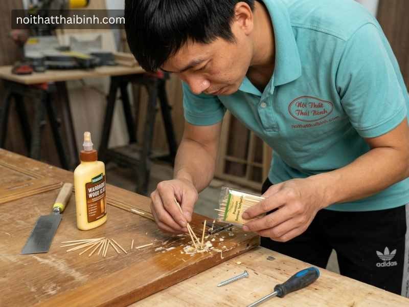 Xử lý lỗ vít bị toét bằng tăm tre và keo gỗ