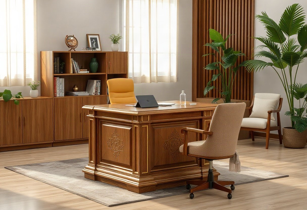 Văn phòng với bàn gỗ sồi đẹp