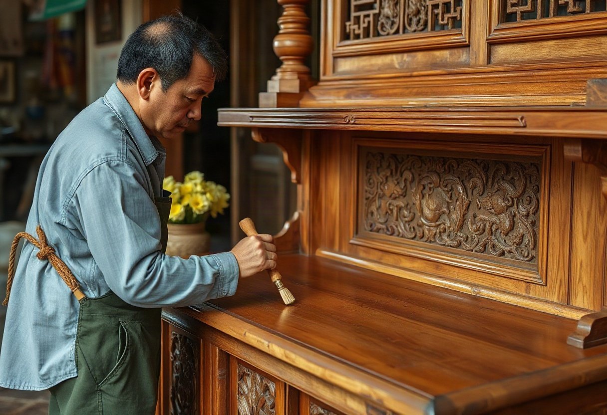 Xử lý bề mặt bàn thờ gỗ tự nhiên